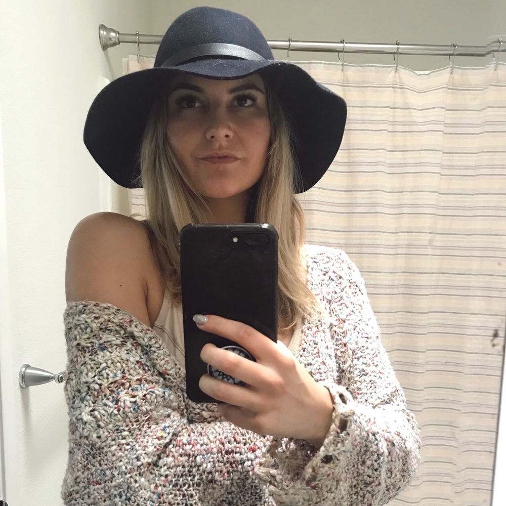 J Crew Navy Wool Floppy Hat Black Leather Trim